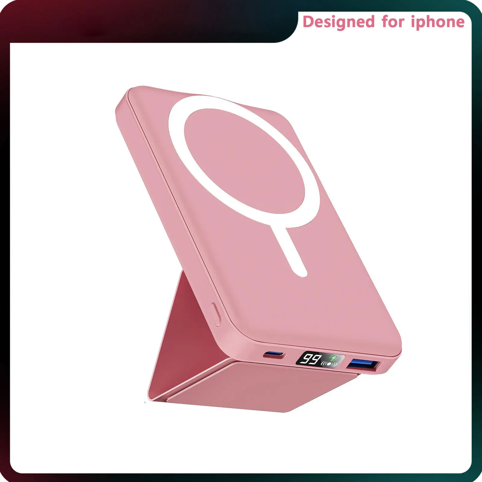 Podoru MagSafe Foldable Silicone Wireless Magnetic Power Bank 10000mAh with Fold-Out Stand, USB-C Cable, Manufacturer Warranty, Charging Protection for iPhone 17/16/15/14/13/12 Series (Pink) - Mobile Phone Accessories