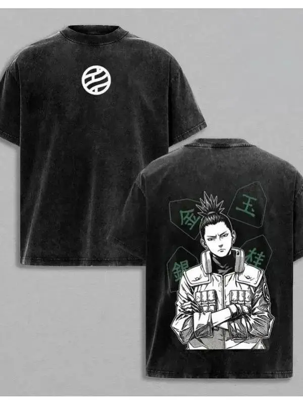 Shikamaru Nara Anime T-Shirt, Men's Vintage Washed Graphic Print Top in Cotton, Shortsleeve Oversized Distressed Streetwear