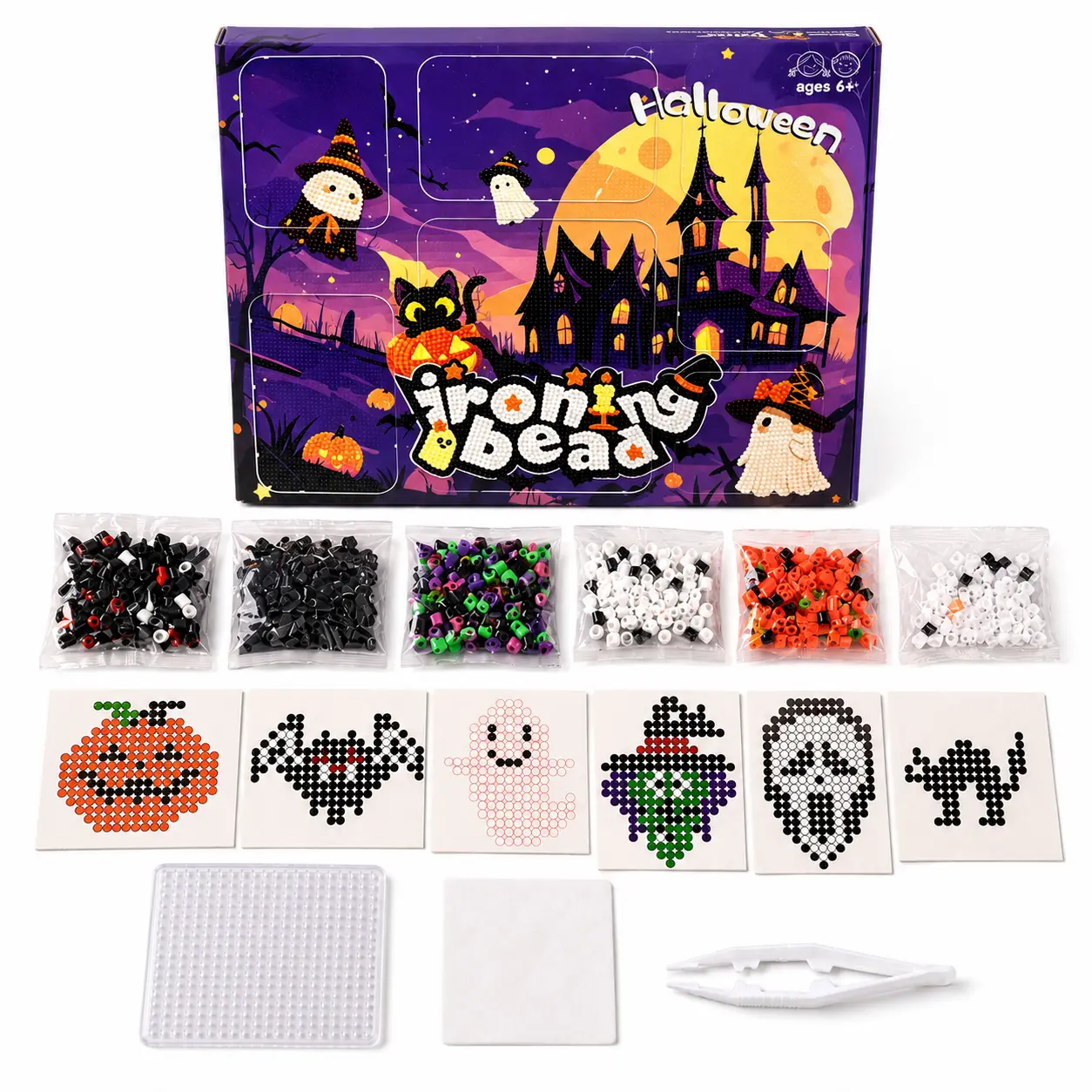 Halloween DIY Fuse Bead Kit (Adults Advised) - 900 Beads, 6 Ghost Motifs Pattern Cards, Transparent Pegboard, Tweezers, Ironing Paper, for Pixel Art Crafts, Halloween Gift, Fuse Beads