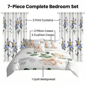 Complete 7Pcs White Floral Bedding & Curtain Set! Includes: 1 Bedspread + 2 Pillowcases + 2 Cushion Cases + 2 Curtains. Full Room Makeover in One Box!