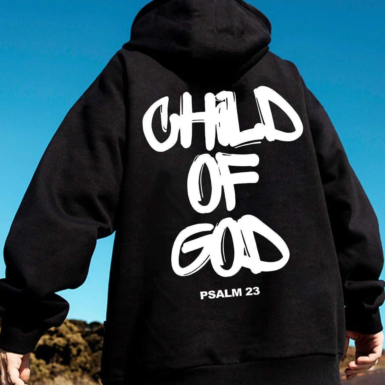 Women's Graphic Streetwear Slogan Hoodie - "Son of God" Monogram Print, Kangaroo Pocket, Slightly Elastic, Long Sleeve Black Casual Sweatshirt for Autumn Winter Gifting