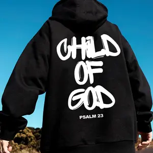 Stylish "Son of God" Monogram Printed Men's Hoodie, Kangaroo Pocket Design, Slightly Elastic, Perfect for Autumn and Winter Gifts Tops Black Long Sleeve Casual Sweatshirt Menswear