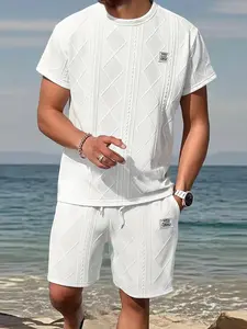 Men's Summer Casual Sports Suit 2-Piece texture Set Jacquard Texture Fabric Breathable Round Neck T-Shirt & Shorts Formal Tropical Man Top Suits Menswear Clothes Crewneck Shortsleeve  Suitable for daily leisure running tiktok shop deals gifts for him Spri