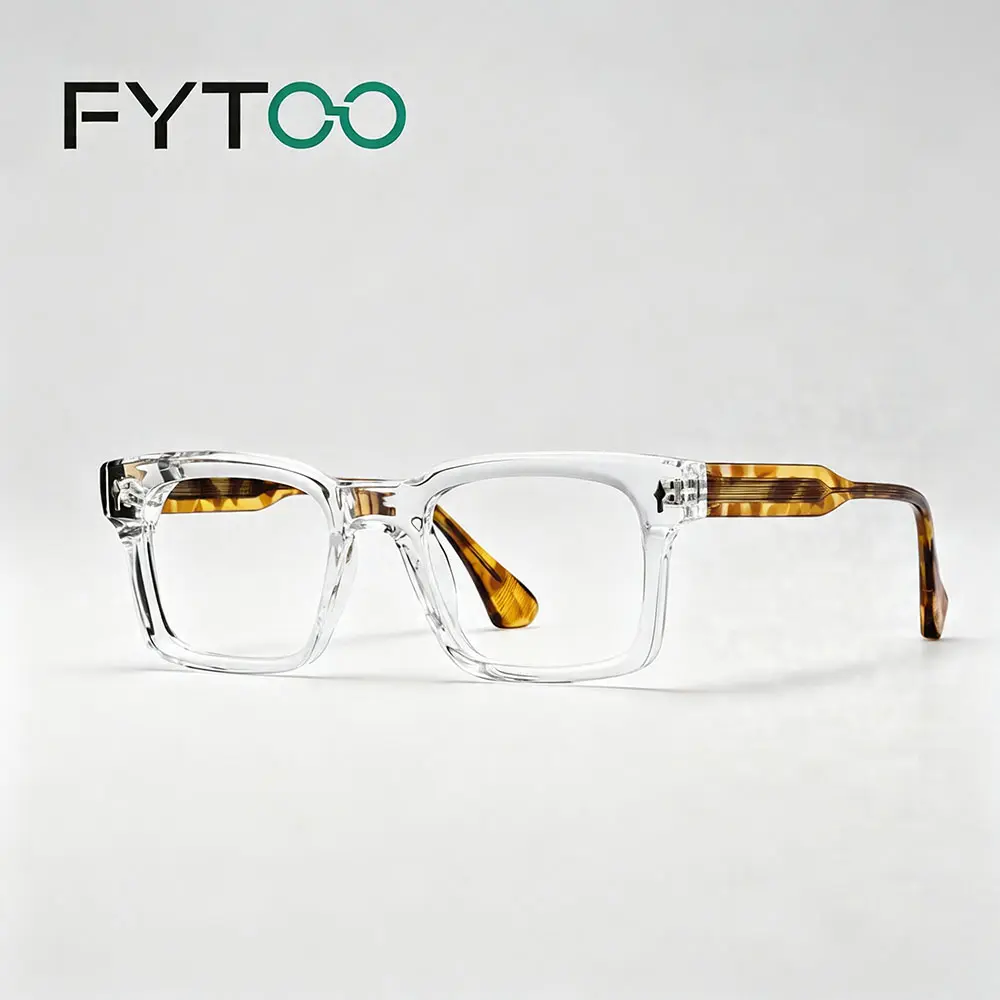 FYTOO Women's Full Rim Unisex Skin-Friendly Non-Prescription Eyeglass Frames - Casual Glasses Eyeglasses, Chunky Square Acetate Frames with Tortoise Pattern Temples, 2-Tone Retro Replaceable Daily Wear Eyewear 871657-01, Skin Friendly Non-Prescription Gla