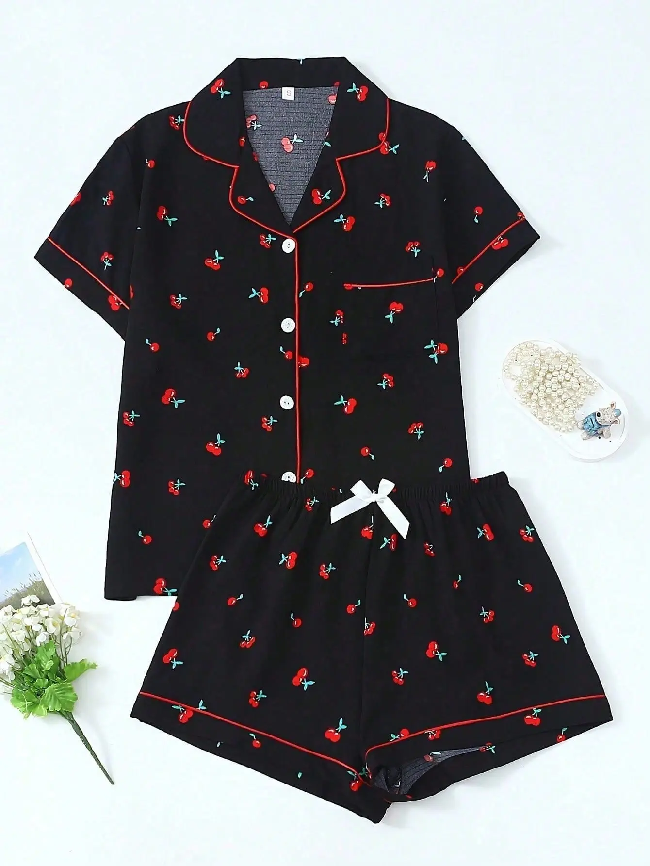Women's Cute Cherry Print 2-Piece Short-Sleeve Pajama Set - Lapel Shirt with Pocket, Elastic Waist Pajama Shorts, Casual Comfortable Home Loungewear Sleepwear, Shortsleeve