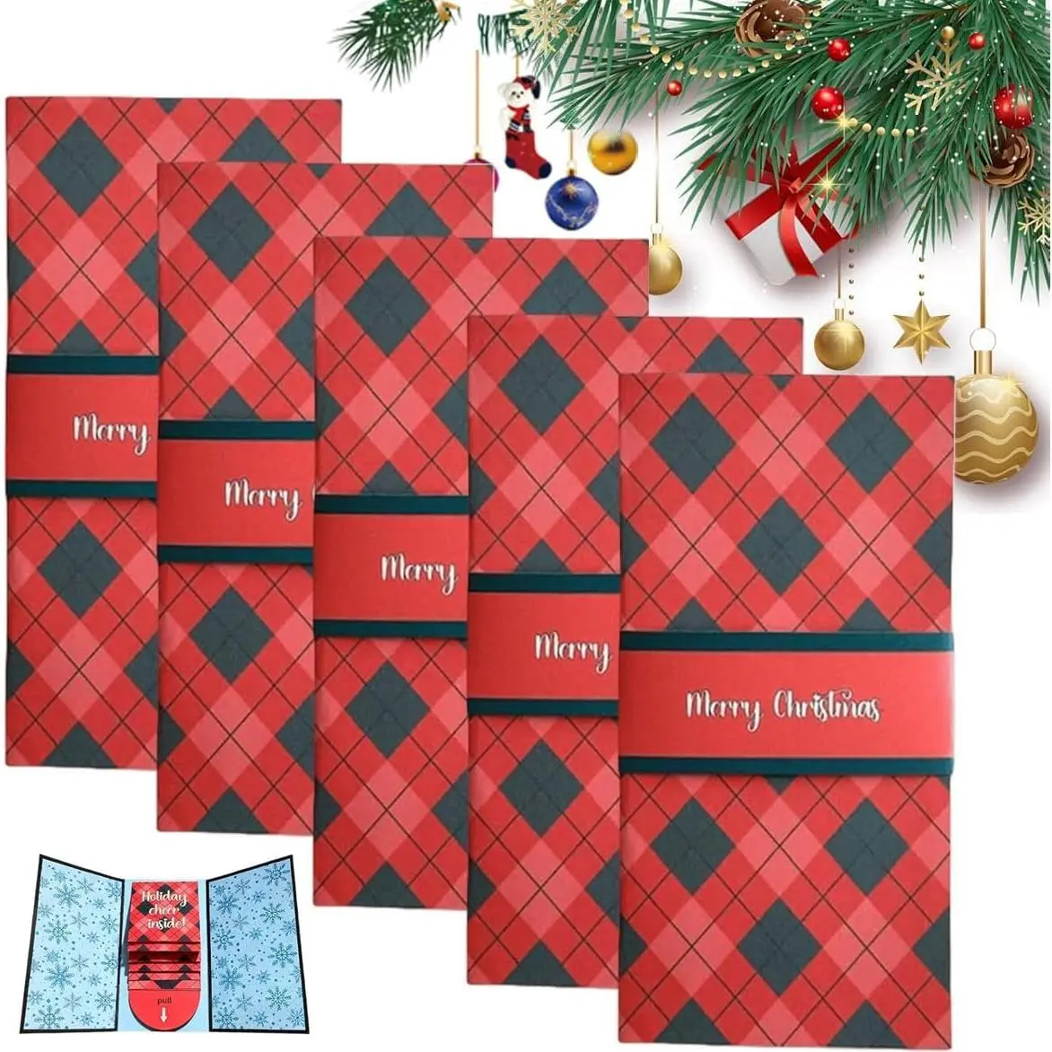 Gift Card Booklet,Handmade Christmas Gift Card Booklet 5 Pack, Christmas Gift Card Holder Booklet, Red Plaid Design With Merry Text, Money Envelope Set,Gift Card Book