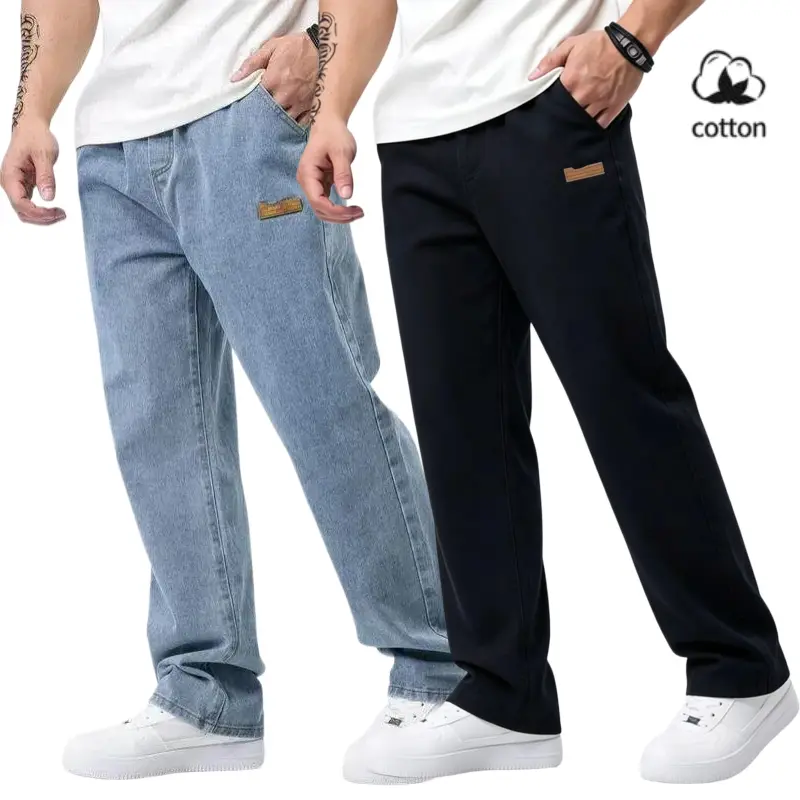 Men's Drawstring Elastic Waist Jeans, Washed Vintage Light Wash Straight Leg Plain Denim Jeans, Comfortable Fitted Style, Casual Daily Wear Pants