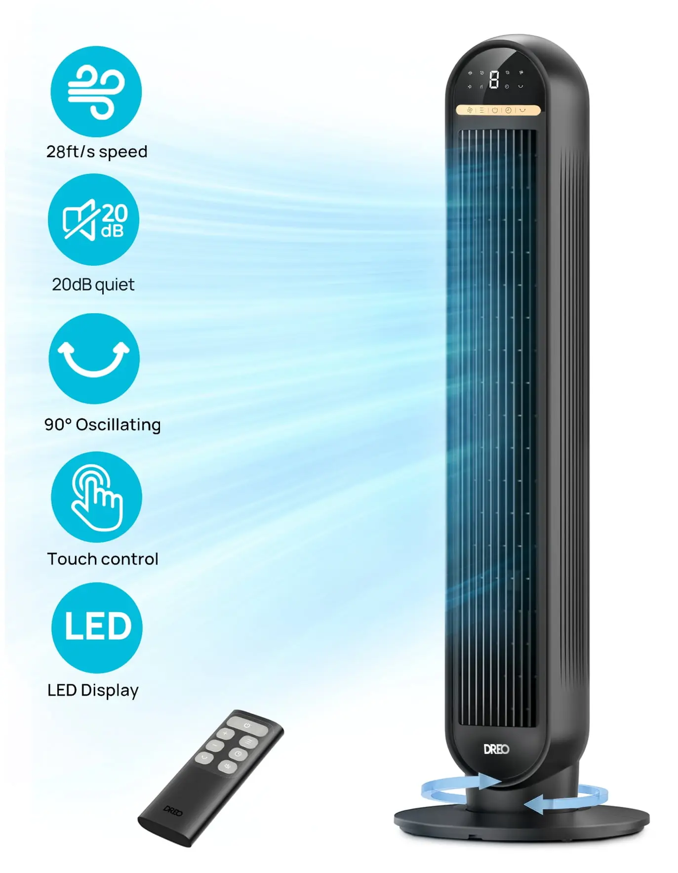 DREO 36-In Base Stand Tower Fan, 2026 New Upgraded Energy Saver DC Motor with LED Display, 20dB Ultra Quiet, 8 Speeds, 4 Modes, 28ft/s Powerful Airflow, 90° Oscillating, Adjustable Remote Control, 8H Timer for Home Working & Relaxing Stay Cool Use, Tower