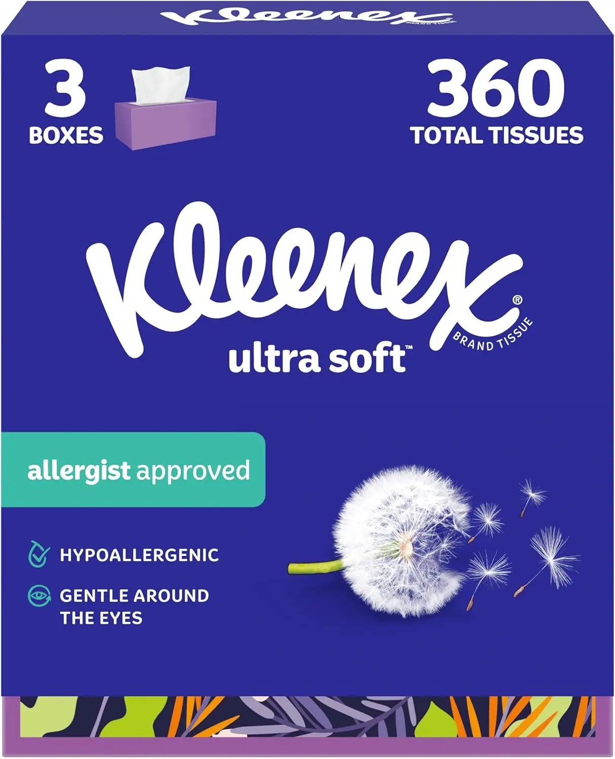 Ultra Soft Facial Tissues, 3 Flat Boxes, 120 Tissues per Box, 3-Ply (360 Total), Packaging May Vary