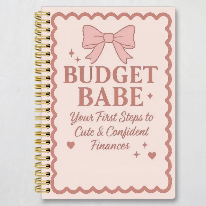 Budget Babe planner for managing finances and tracking expenses. It features a spiral binding, vibrant grid pattern, pink bow accent, and a savings-themed quote. Notebook Planner, Spiral Bound Planner, Monthly Budget Planner, Financial Planner