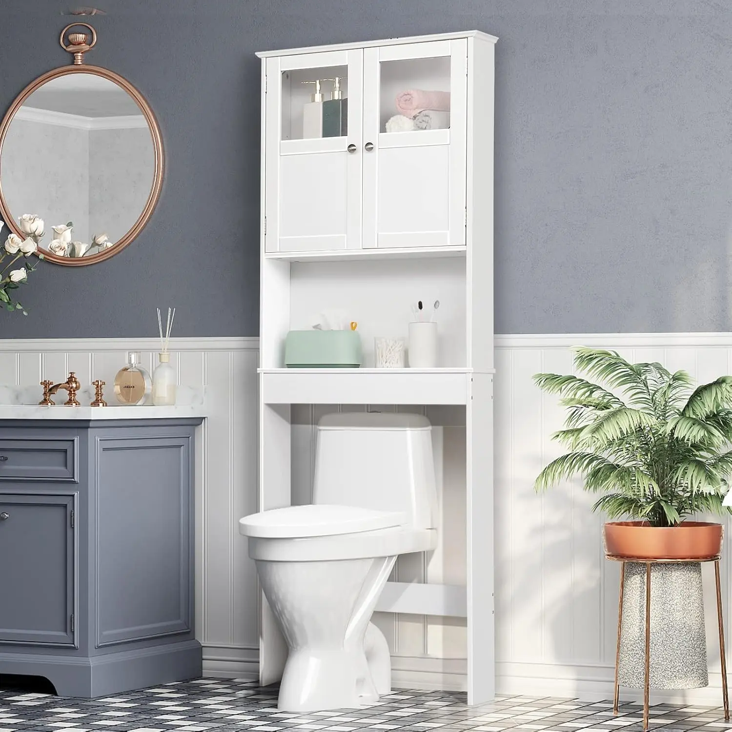 VINGLI Over-The-Toilet Storage Cabinet - 67" Height Modern Apartment Furniture, White Bathroom Floor Organizer with Adjustable Shelf & Double Doors