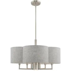 6 Light Brushed Nickel Pendant Chandelier with Hand Crafted Gray Fabric Hardback Shade