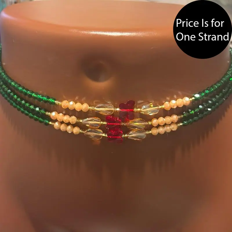 AAEssentials Green Crystals Waist Beads with Red Heart Beads and Gold Accents Fashion Jewelry