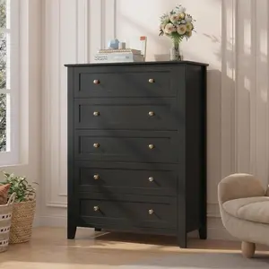 5 Drawer Dresser for Bedroom, Black Dresser with Deep Drawers & Metal Knobs, Tall Modern Wooden Chests of Drawers for Entryway, Hallway