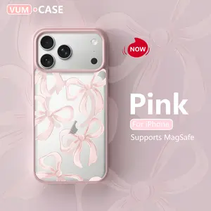 VUM MagSafe-Compatible Protective Phone Cover - Magnetic Snap, Macaron Aesthetic Bow Print, Premium Slim 360° Protector, Tech Accessory for iPhone & Large-Screen Android Phones (Pink, Navy Blue, White, Black, Light Gray)