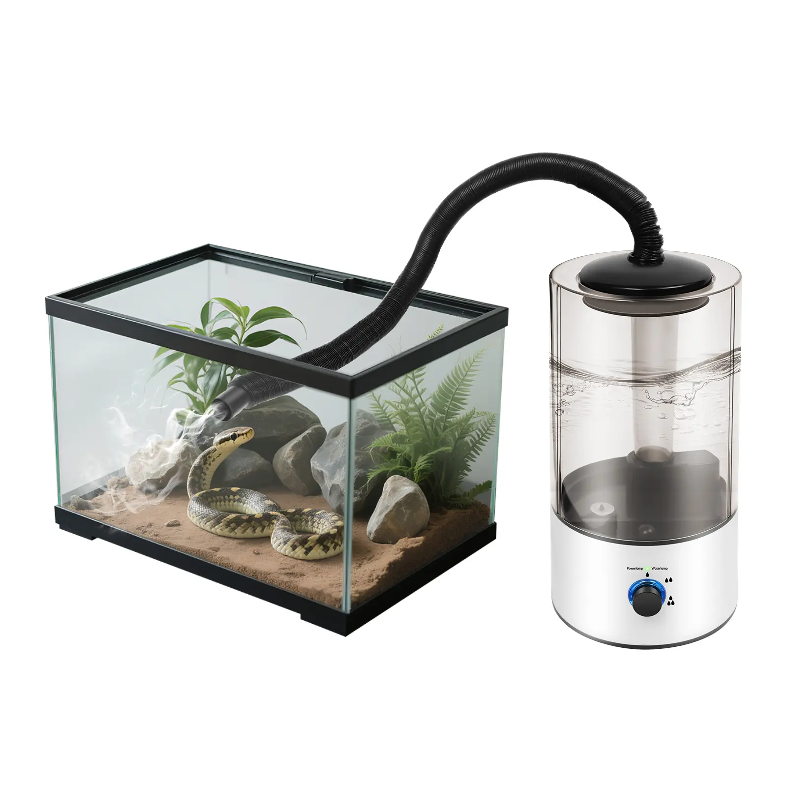 Ultrasonic Terrarium Humidifier (1.06 Gal) - 3 Adjustable Ultrasonic Mist Levels, 8.79 oz/h Max Output, 36dB Quiet, Anti-Dry Burn Protection, Extendable Hose (1.31-5.25 ft), AS/PP Plastic, for Reptiles & Terrarium Care