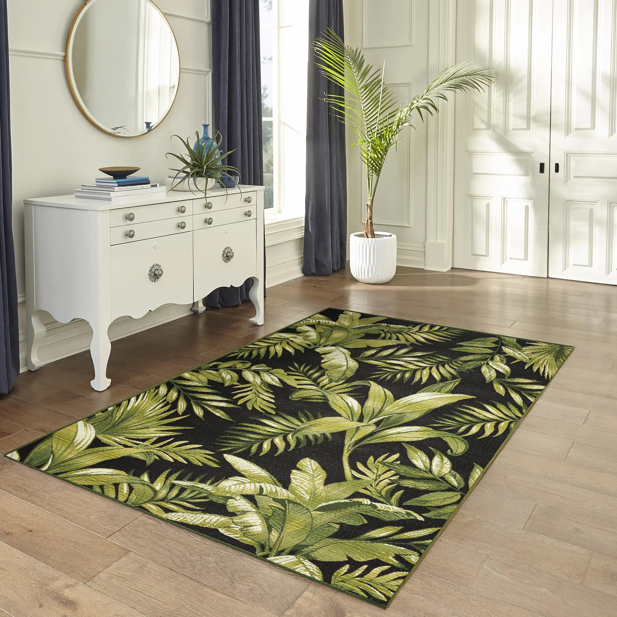 Lush Decor MARINA Modern Area Rug - Power Loomed Synthetic Blend Low Profile, Indoor/Outdoor, Transitional Graphic Botanical Beach Style, Durable Decorative Mat for House Floor Decor (Jungle Leaves), Indoor Floor Rug, House Decor Rug