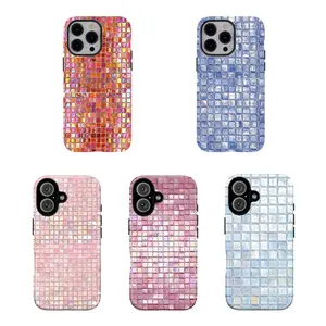 [No magnetic]  Iridescent Mosaic Tile Phone Case,Aesthetic durable phone Cover,Shimmering Glitter Print for iPhone 17 16 15 14 13 12 11 8 7 for Samsung Series,Shockproof Protective Dual-Layer design phone case,trending phone Cover,perfect gift for girl