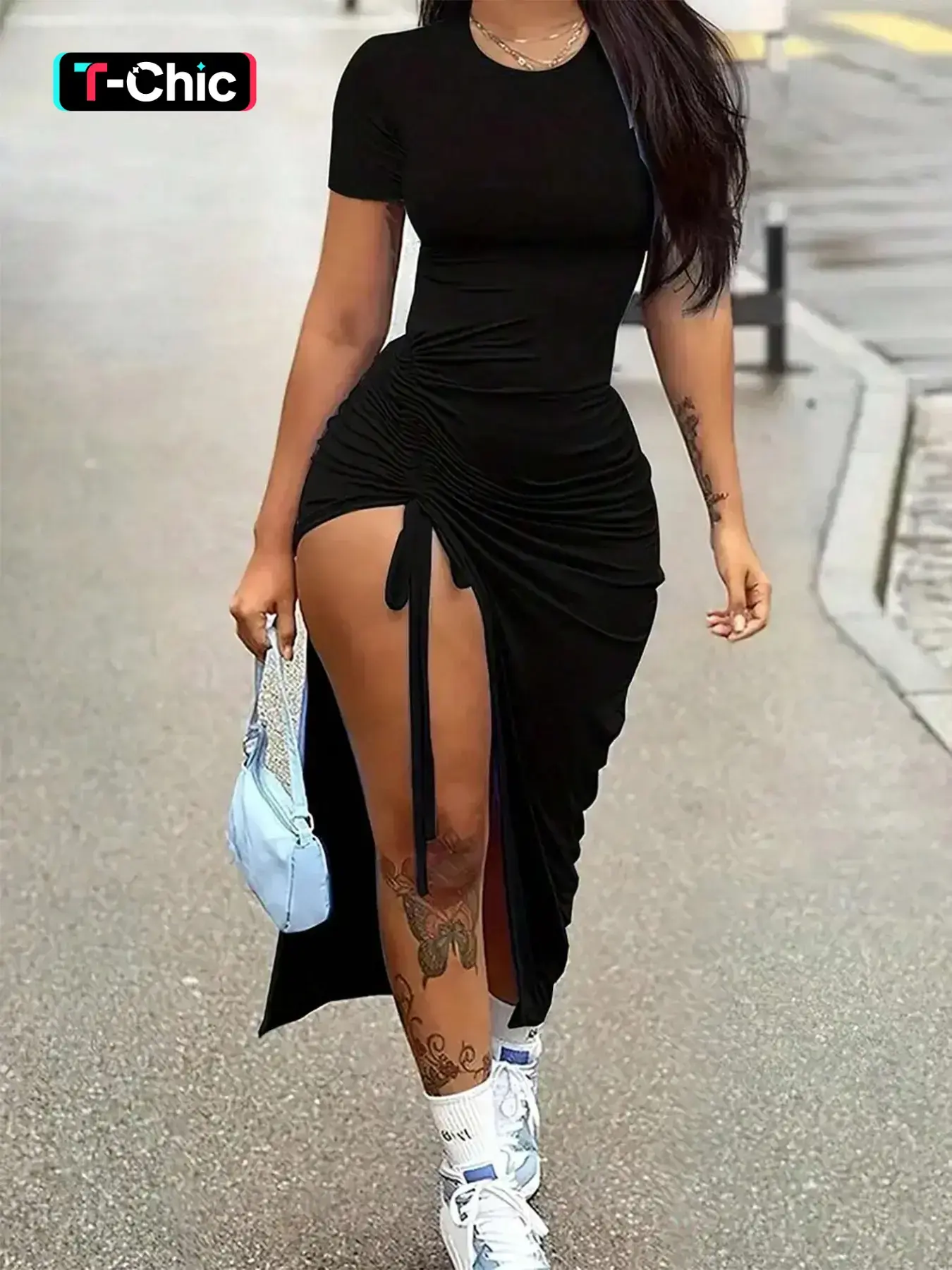 Women's Plain Ruched Drawstring Split-Thigh Bodycon Dress, Casual  Asymmetrical Round Neck Short-Sleeve Dress for Party, Club and Date Night,  Summer Side-Slit Dress for Curvy Women, Womenswear - TikTok Shop