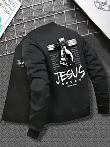 Men's Fitted Zipper Long Sleeve Jacket with Jesus Back Geometric Print, Religious Statement Casual Coat, Stand Collar Windproof Top, Street Fashion Outerwear, Menswear for Church Daily Formal Occasions