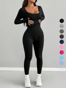 Stylish U Neck Long Sleeve Slim Fit Bodysuit, Trendy Women's Jumpsuit for Parties, Casual & Everyday Wear, Chic Fashion for All Seasons