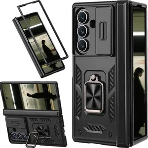 For Samsung Galaxy Z Fold7 Armor Case with Sliding Camera Lens Cover and Magnetic Ring Kickstand, Hinge Protection Heavy Duty Shockproof Protective Cover