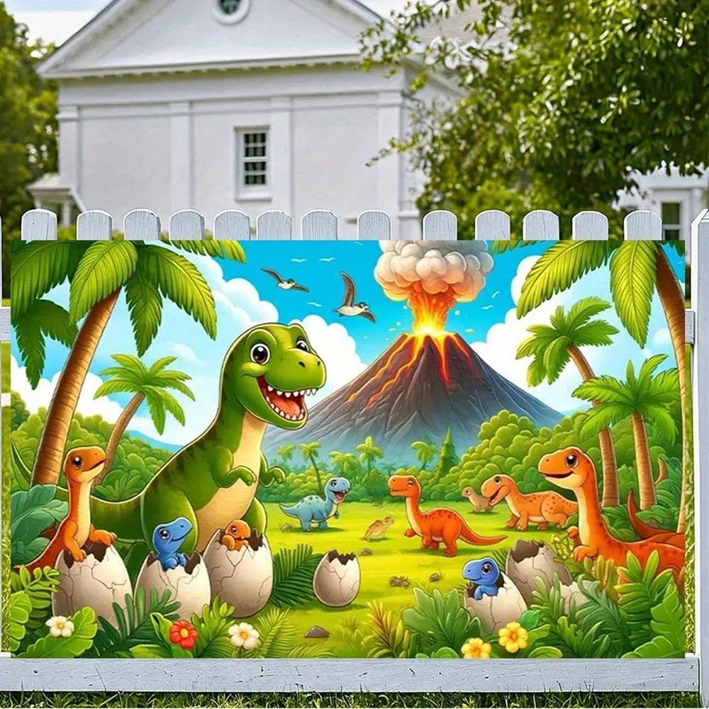 1PC Printed Polyester Reusable 2D Flat Backdrop Banner, Cartoon Dinosaur-Themed Festive Decor with Jurassic Volcanic Jungle Hatching Scene, for Kids' Birthday Parties, One-Piece