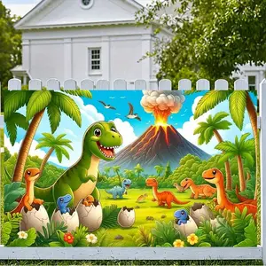 1PC Summervibes Polyester Reusable 2D Flat Backdrop Banner, Cartoon Print Dinosaur-Themed Festive Party Decor, Jurassic Volcanic Jungle Dinosaur Hatching Scene Backdrop for Kids' Birthday Parties,summervibes