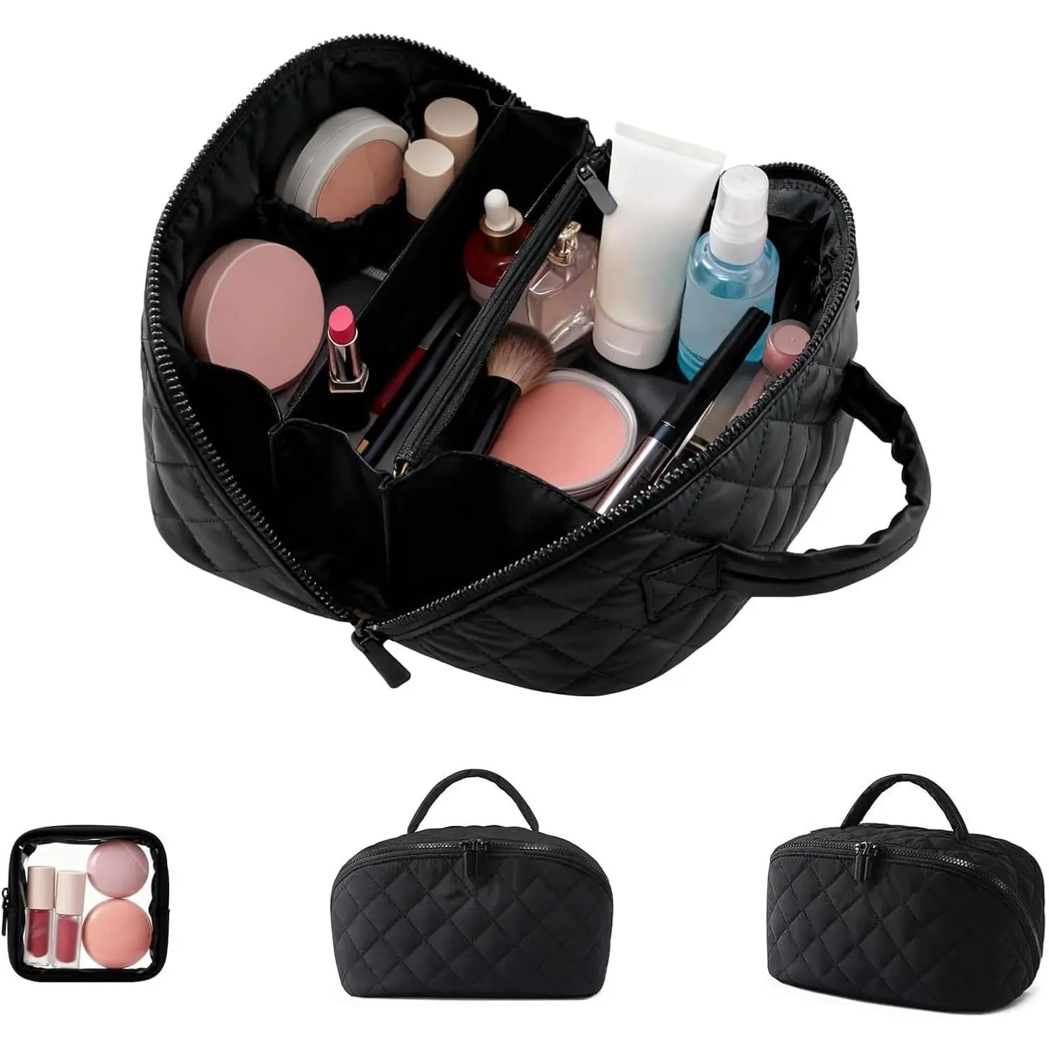 Quilted Puffy Travel Cosmetic Bag for Women, Large Multi-Compartment Makeup Organizer with 180° Lay-Flat Design, Dustproof & Machine Washable, Travel Cosmetic Bags, Plain, Makeup Organizer Pouch, Modern, Built-In Organizer