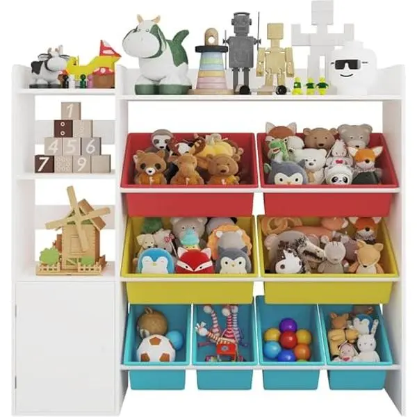 GARVEE Kids Wooden Toy Organizer, Children Toy Storage Shelf with 8 Removable Bins, Kindergarten Bookshelf Playroom Organization Bookcase for Storing Toys, Games, Books and Craft Supplies