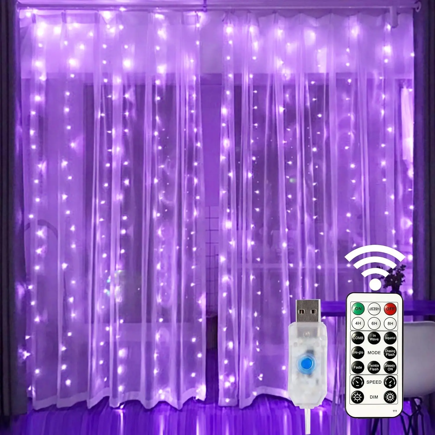 Dimmable LED Purple Curtain Fairy Lights with Remote, 300 LEDs, 8 Modes, 9.8x9.8Ft USB Plug-in Copper Wire, Fairy Aesthetic Indoor Twinkling Lighting with Romantic Glow for Christmas Wedding Decor, Indoor Lighting
