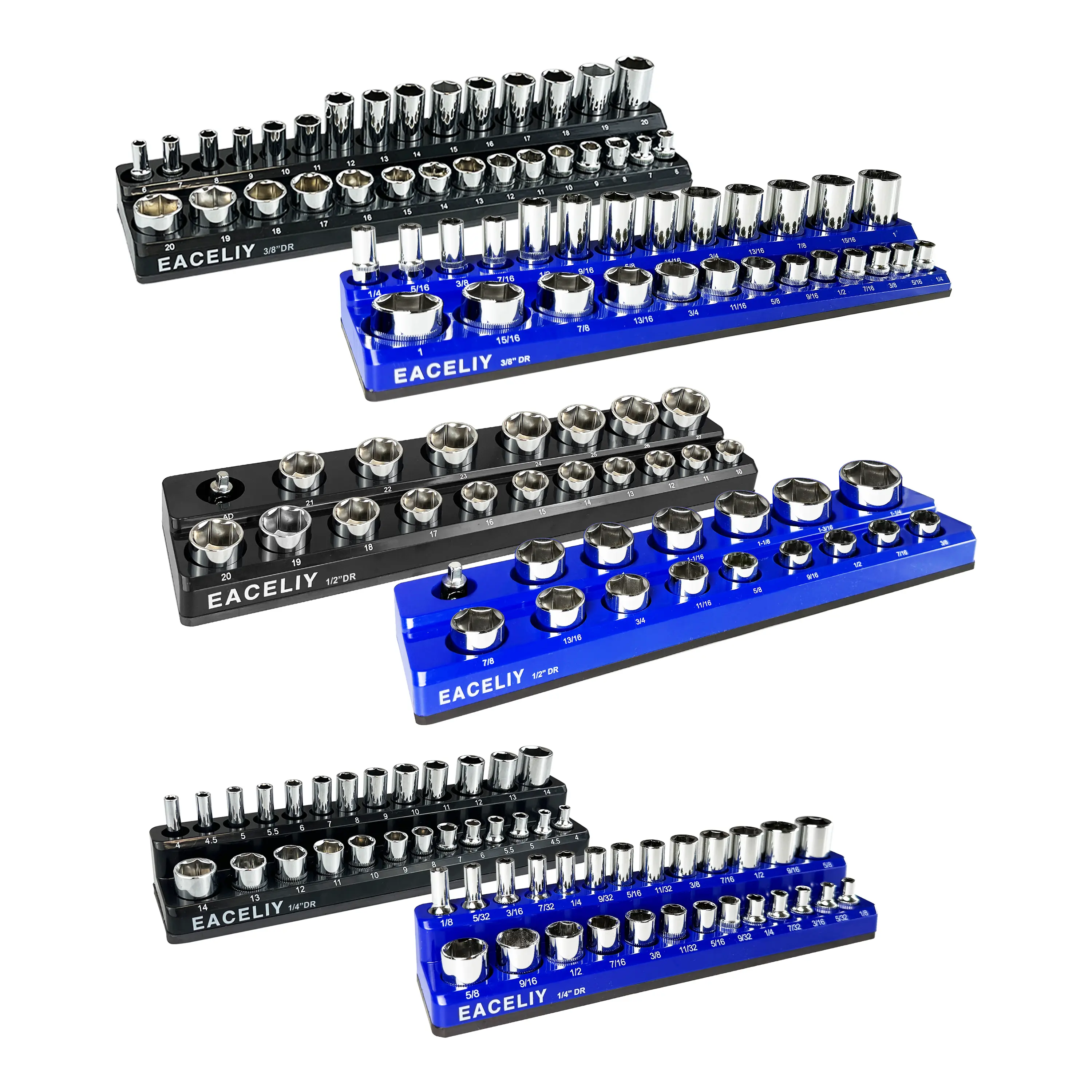 6Pcs Socket Organizer Set, 1/2", 1/4" and 3/8" SAE & Metric Deep & Shallow Socket Holder Kit, Socket Trays，holds 143pcs Sockets (sockets not included)#TikTokShopBacktoSchool