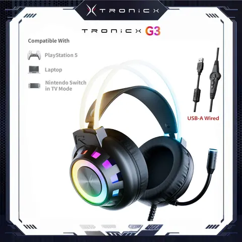 [Back to School] TAGRY TRONICX Immersive G3 Wired PC Gaming RGB Lighting Headset Gamer Gifts for him with 50mm Driver, Noise Cancelling Mic, USB-A with 7.1 Surround Sound, Control Box for PC/PS5 Console/Switch Dock Mode Gaming Console