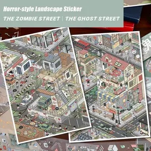 Horror-style Landscape Sticker, Large Landscape Sticker, Decorative Sticker, The Zombie Street｜The Ghost Street，Handmake Craft, Fun Sticker, DIY Project, Including 1 Background Card and 2 PET Stickers, Great Gift for Halloween and Christmas.