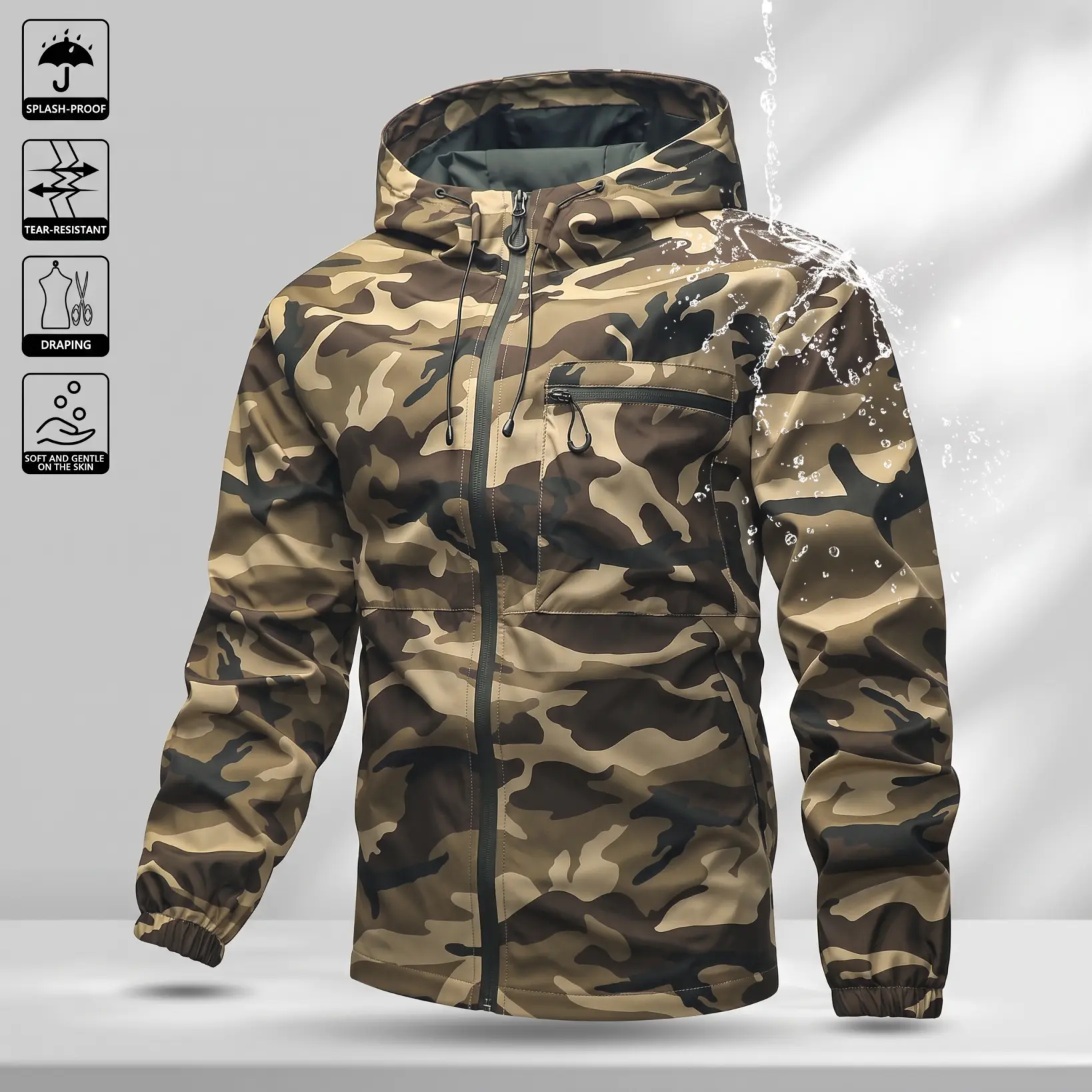Men’s camouflage hooded waterproof fabric outdoor tactical lightweight rainproof hardshell jacket, suitable for hiking, camping, and fishing; rain outerwear