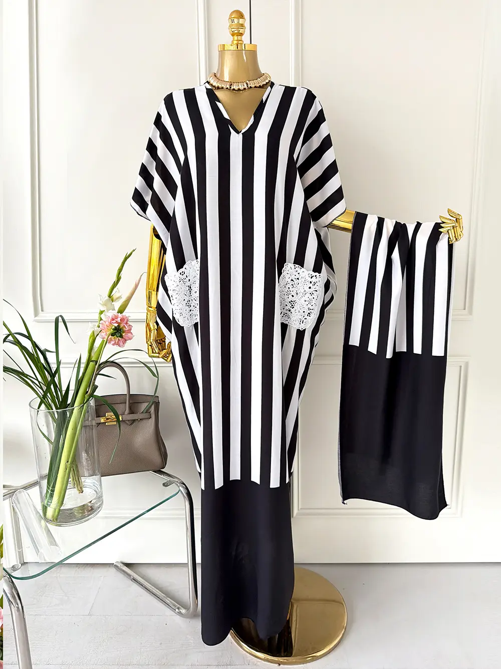 Women Striped Print Long MooMoo Robe Set, Matching Headscarf, Lightweight Woven Casual Dress, Beach Cover Up Sun Protection Outfit