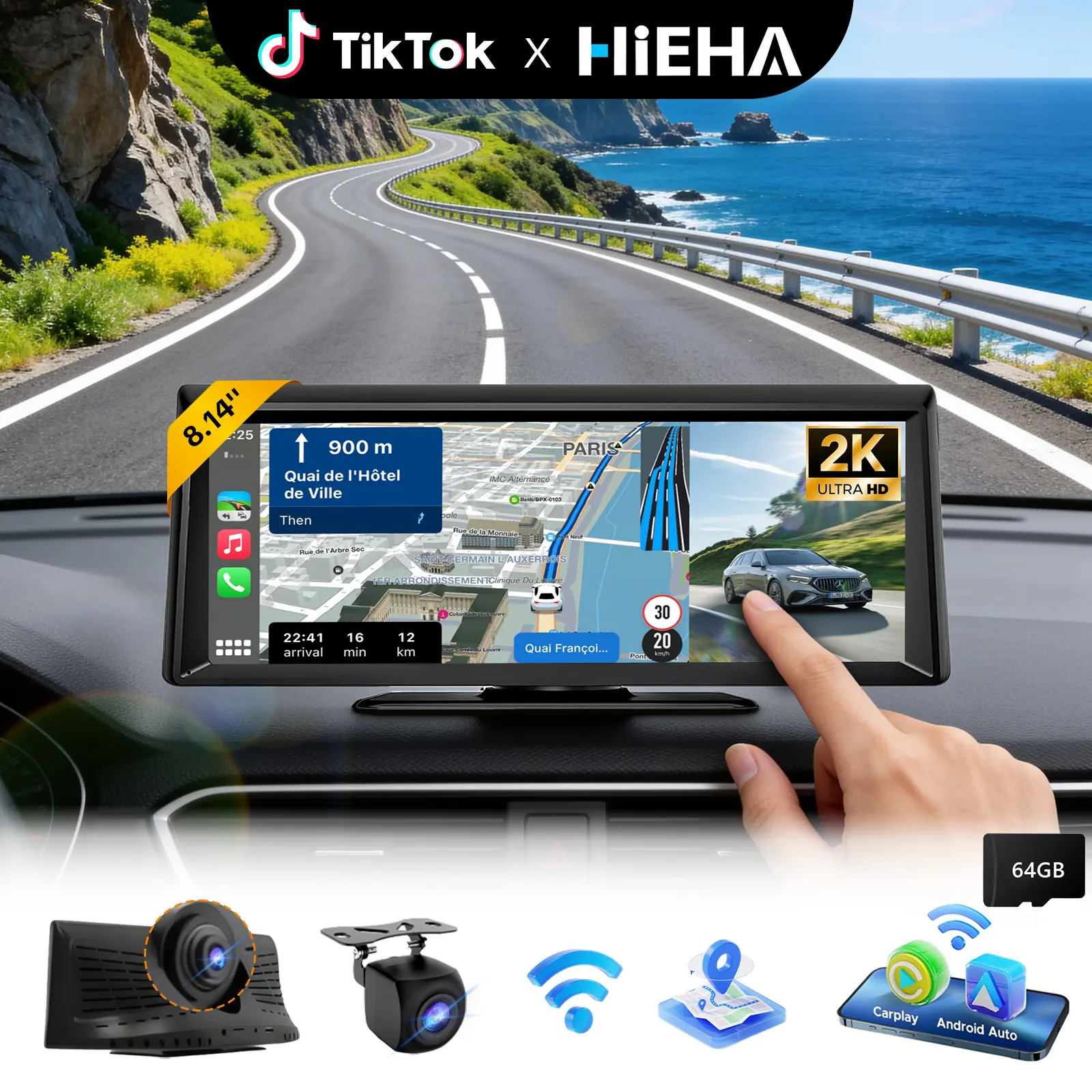 【Hieha】2026 Top-Rated Carplay Dash Cam:Updated 8.14" Portable Touchscreen with Wireless Carplay, Android Auto, 1080P Backup, and 2K Front Camera — Complete GPS Navigation System Carplay for Any Car Carplay  Screen Big Screen Carplay Sum,car accessories