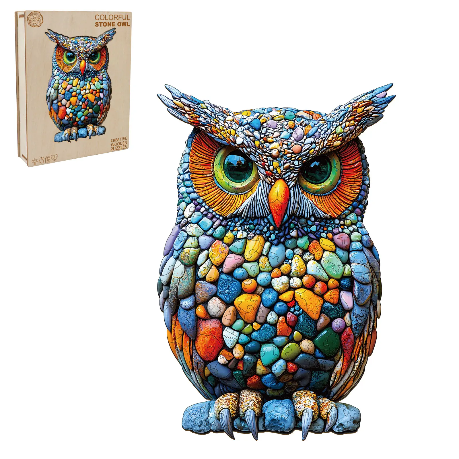 Colorful Stone Owl Wooden Jigsaw Puzzle for Adults and Kids Unique Shape Animal Wood Puzzles Challenging Puzzle, Family Game Creative Gifts，Laser-Cut Durable HDF Wood Puzzle Decoration Design Multicolored Beautiful Fun