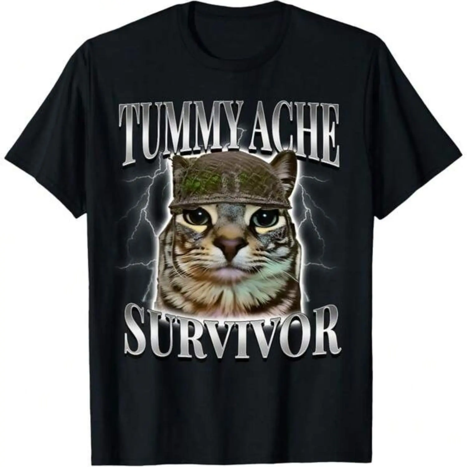 Funny Cat Meme T-Shirt for Men – 'Tummy Ache Survivor' Sarcastic Humor Graphic Tee, Casual Round Neck Meme Shirt