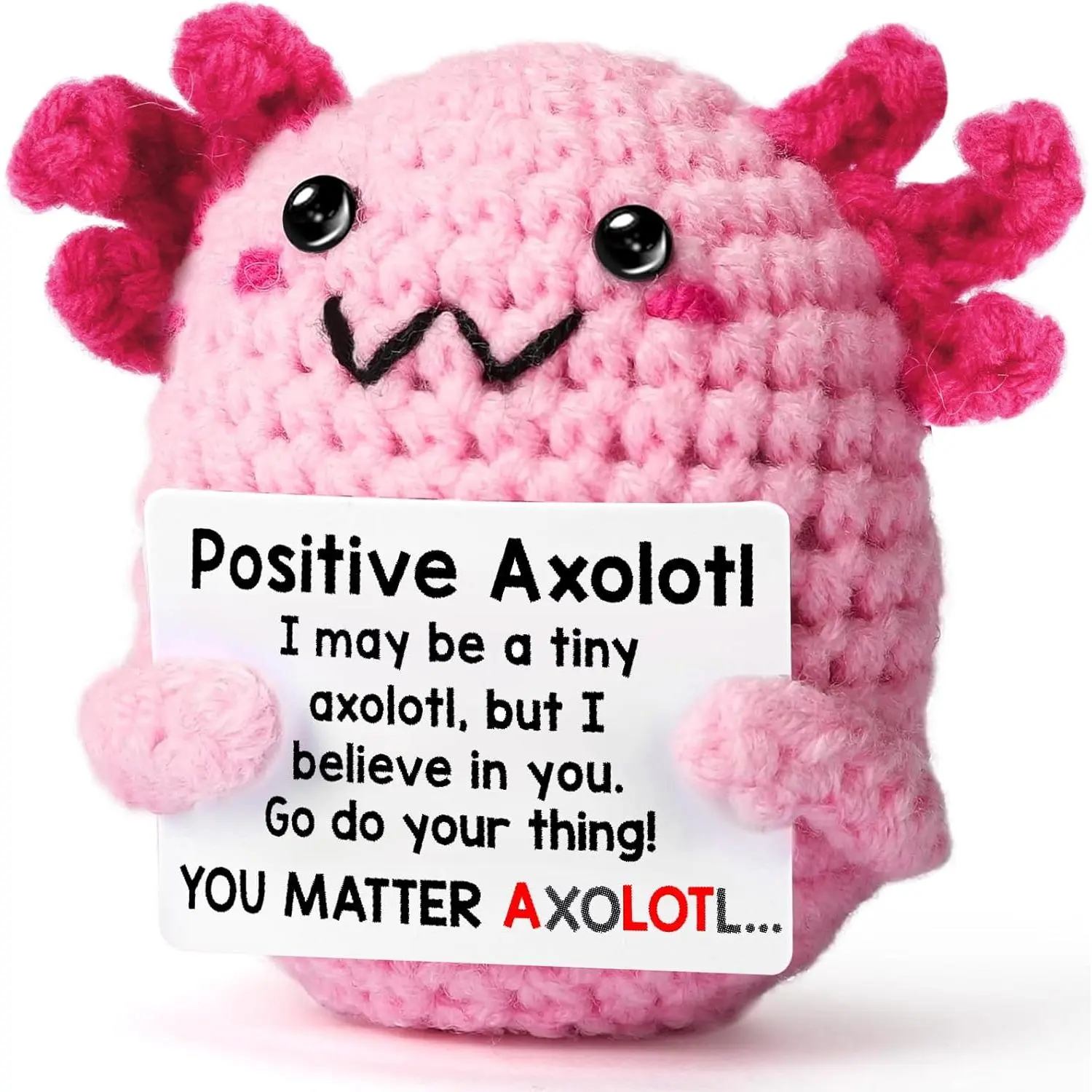 Amigurumi Crochet Pink Positive Axolotl Stuffed Animal - Soft Adorable Stuffed Toy with Motivational Message, Emotional Support Coworker Gift, Party Decor, House Decoration, Car Accessory