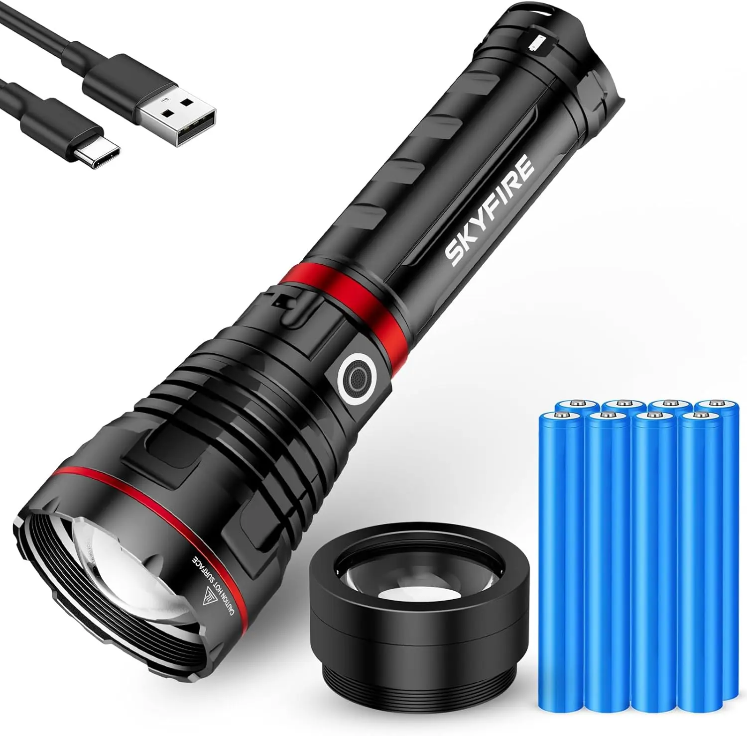 SKYFIRE Model 1209pro Adjustable Tactical High Lumen Rechargeable LED Flashlight - 2800 Lumen, 3 Lighting Modes, Waterproof, Shoulder Strap Included, Rechargeable EDC Flashlight - Ideal for Camping, Emergency Use, Adjustable Tactical Flashlight
