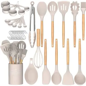 Kitchen Cooking Utensils Set, 33 Pcs Non-Stick Silicone Cooking Kitchen Utensils Spatula Set with Holder, Wooden Handle Silicone Kitchen Gadgets