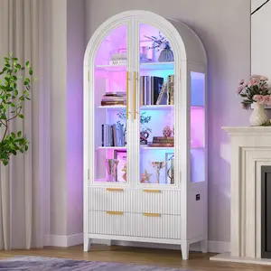 Vlsrka 71" Arched RGB Curio Cabinet with Glass Doors 4-Shelves Tall Display Cabinet and 2 Drawers LED Display Case with 20 Lights for Collectibles Book Medal Figure