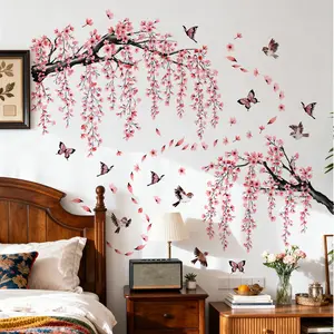Set of 2 Peach Tree Bird Butterfly Wall Stickers, Decorative Wall Sticker, 30x90cm, Bedroom Living Room Bathroom Background Decor, Home Decoration M17590