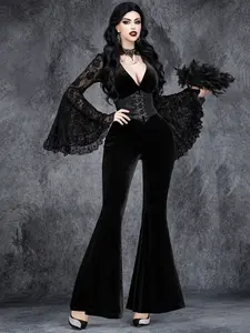 Gothic Punk Dark Lace Flounce Sleeve Patchwork Slim Fit Flared Jumpsuit, Women's Fashion One-Piece, Casual Wear, No Waist Belt Included, Long Sleeve