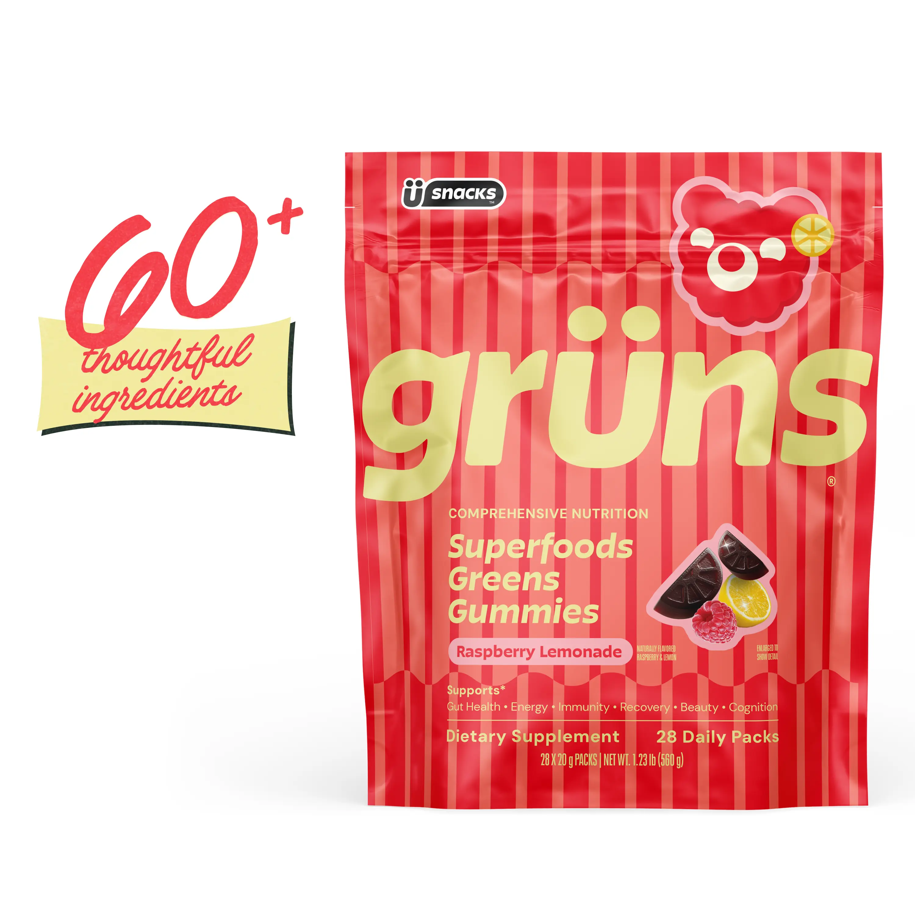 Grüns Raspberry Lemonade (Limited Edition) Superfood Gummies: Comprehensive nutrition supplement with 60+ ingredients: Vitamins and Minerals, Prebiotics for Digestive Health, Adaptogens, Chlorophyll, Chlorella, Gluten Free, Vegan, Third Party Tested