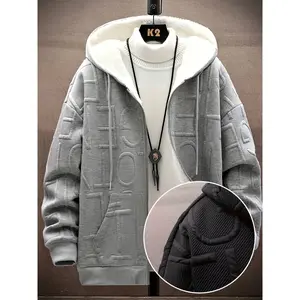 Men's Casual Polyester Hoodie with Alphabet Embossing,Slight Stretch Knit Fabric, Zip-Up Full Length Hooded Jacket with Plush Lining, Letter Pattern, Regular Fit for Daily Casual and Streetwear, Fall/Winter Long
