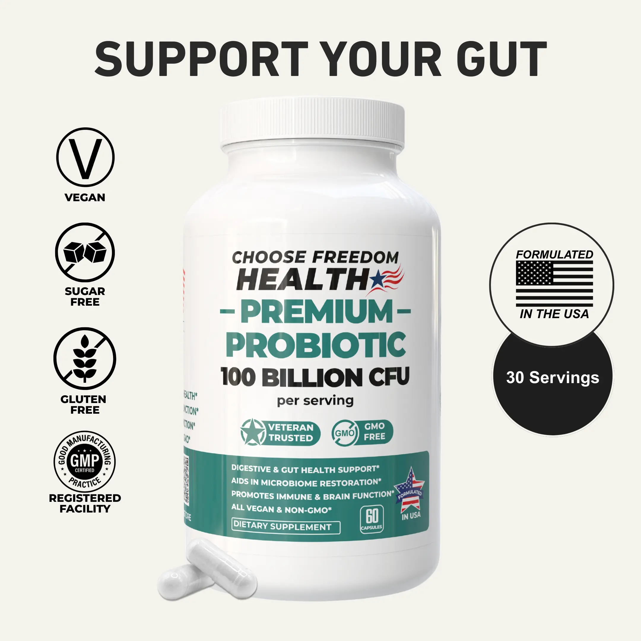 Premium Probiotic 100 Billion CFU - 60 Capsules - Vegan Non-GMO - Boosts Brain Mood Supports Digestive Wellness & Immune Defense