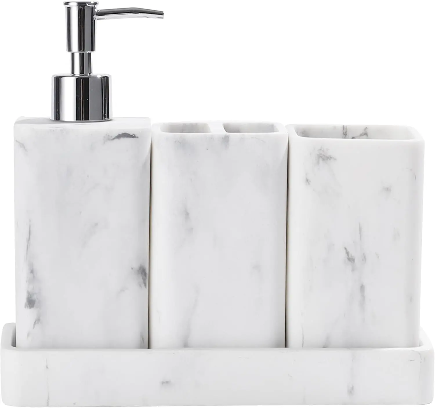 Bathroom Accessories Set, 4 Piece Toothbrush Holder Set Marble White | Bathroom Accessory Set with Soap Dispenser, Toothbrush Holder, Tumbler, Vanity Tray, Bathroom Sink Set for Modern Home Decor