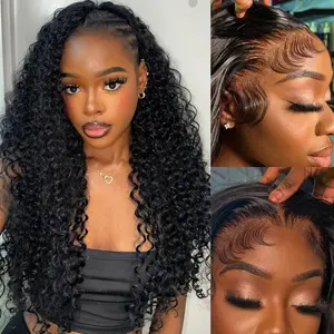 36 inch 13x6 Water Wave Lace Front Wigs Human Hair Deep Wave  HD Lace Frontal Wigs Human Hair Pre Plucked 180 Density Wine Red Colored 99J Curly human hair Wig with Baby Hair 180 Density for Gift
